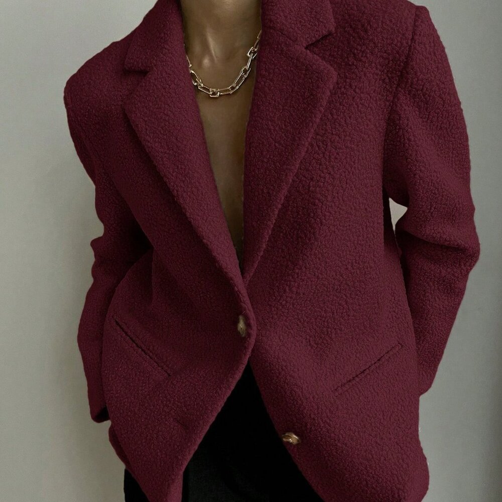 Burgundy Casual Women's Textured Notched Collar Blazer Jacket - Picture 5 of 7